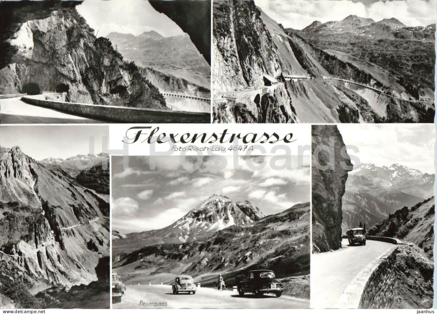 Flexenstrasse - multiview - road - mountains - old car - 4647 - old postcard - Austria - unused - JH Postcards