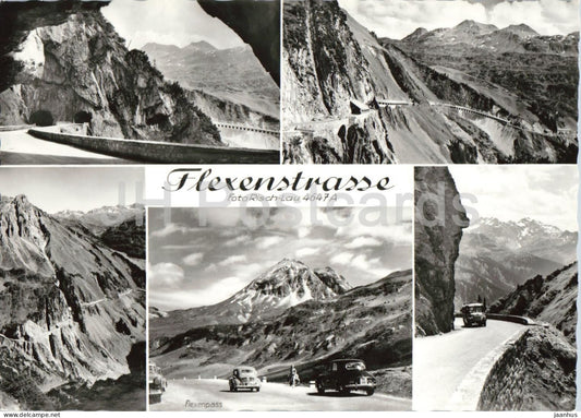 Flexenstrasse - multiview - road - mountains - old car - 4647 - old postcard - Austria - unused - JH Postcards