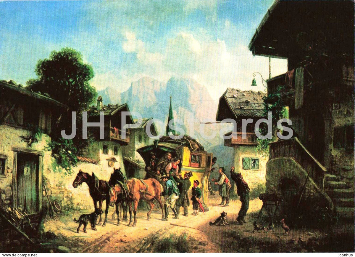 painting by A. Schmidt - Arrival of the Mail-Coach in Partenkirchen - Postkutsche  horse - dog - 1983 - Germany - unused - JH Postcards