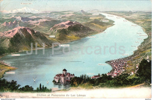 Chillon et Panorama du Lac Leman - castle - lake - old postcard - 1905 - Switzerland - used - JH Postcards