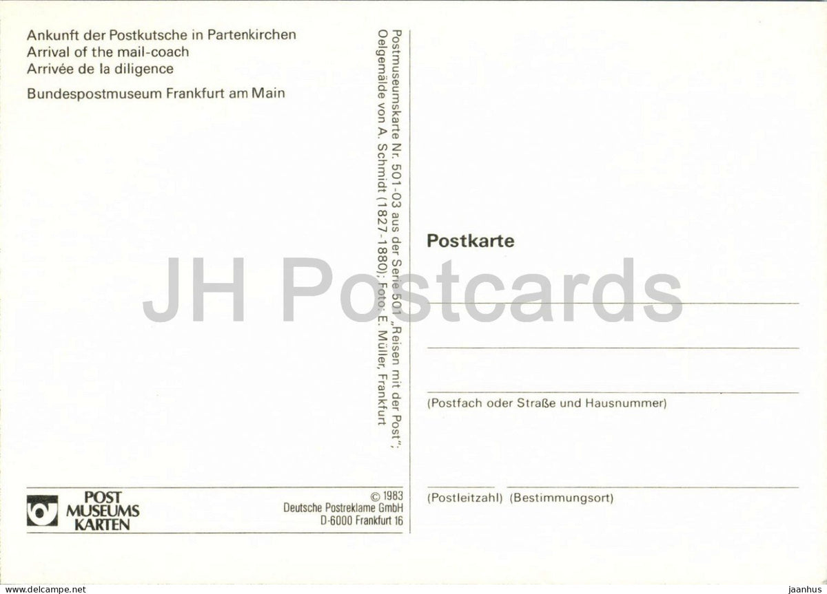 painting by A. Schmidt - Arrival of the Mail-Coach in Partenkirchen - Postkutsche  horse - dog - 1983 - Germany - unused