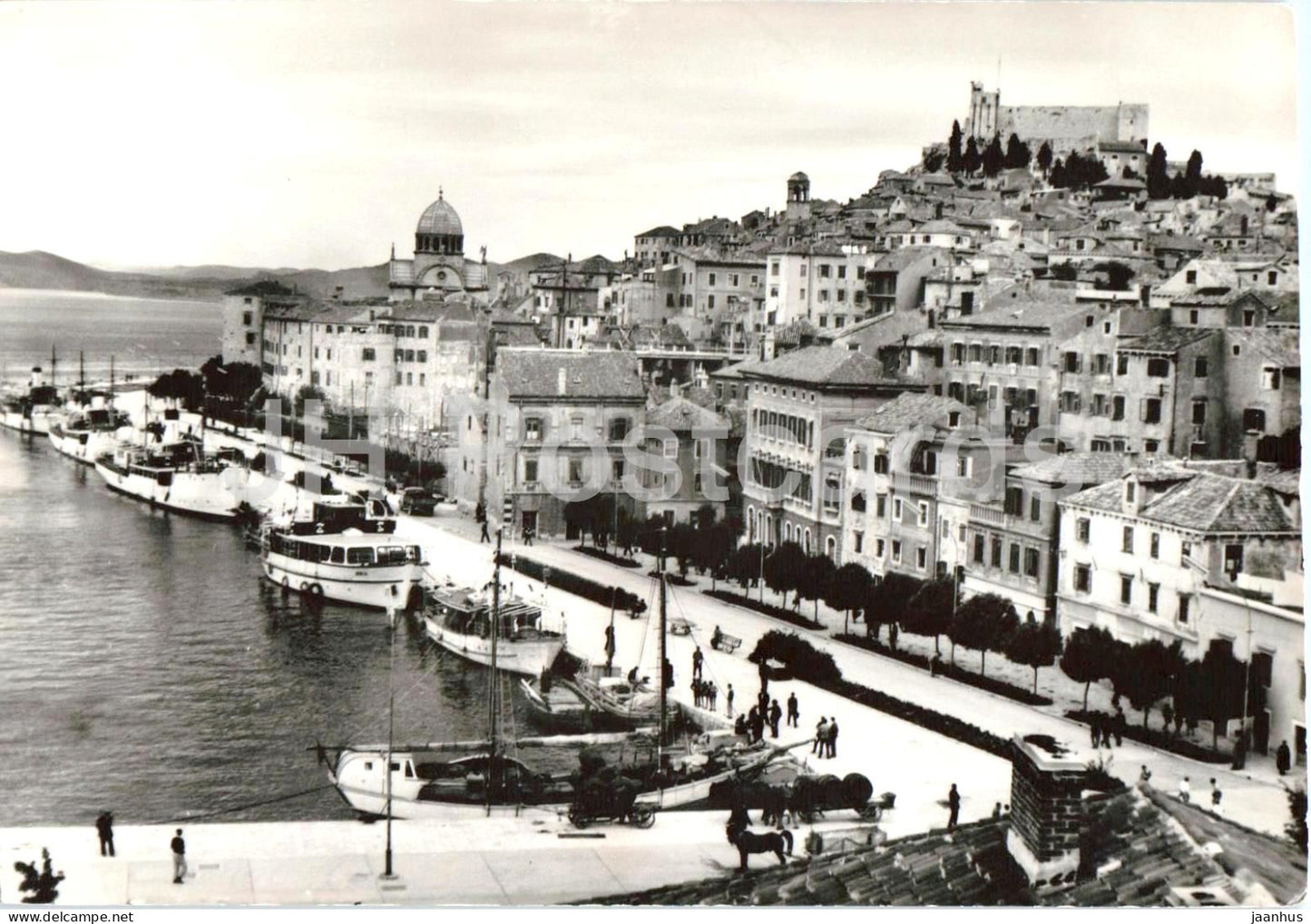 Sibenik - harbor - old town - boat - ship - 3228 - old postcard - 1959 - Croatia Yugoslavia - used - JH Postcards