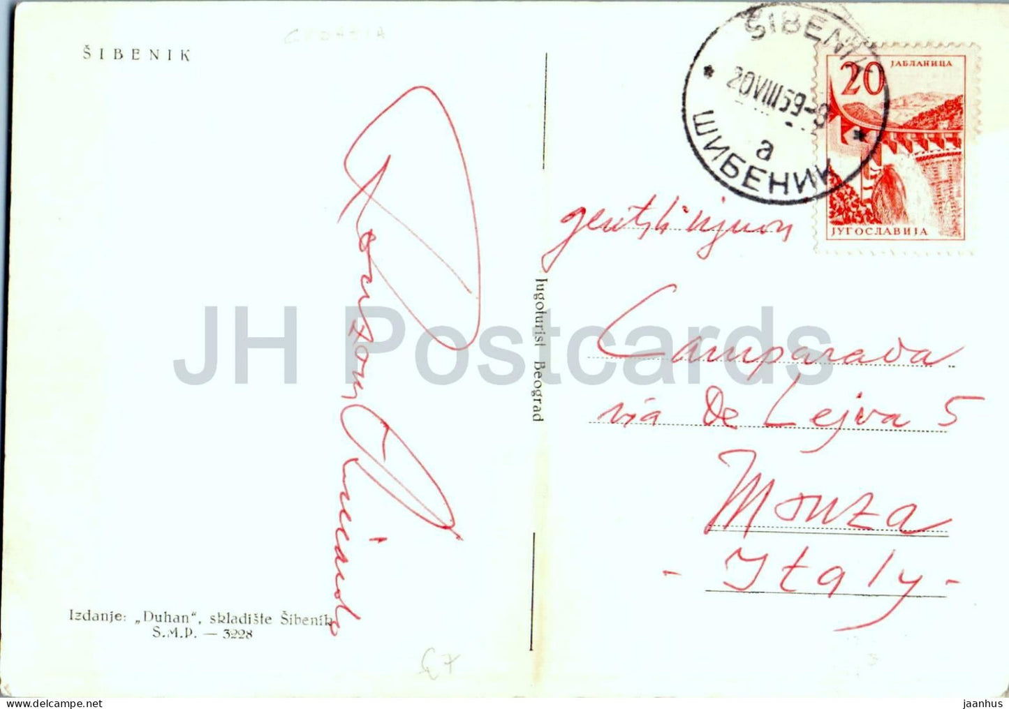 Sibenik - Hafen - Altstadt - Boot - Schiff - 3228 - alte Postkarte - 1959 - Kroatien Jugoslawien - gebraucht