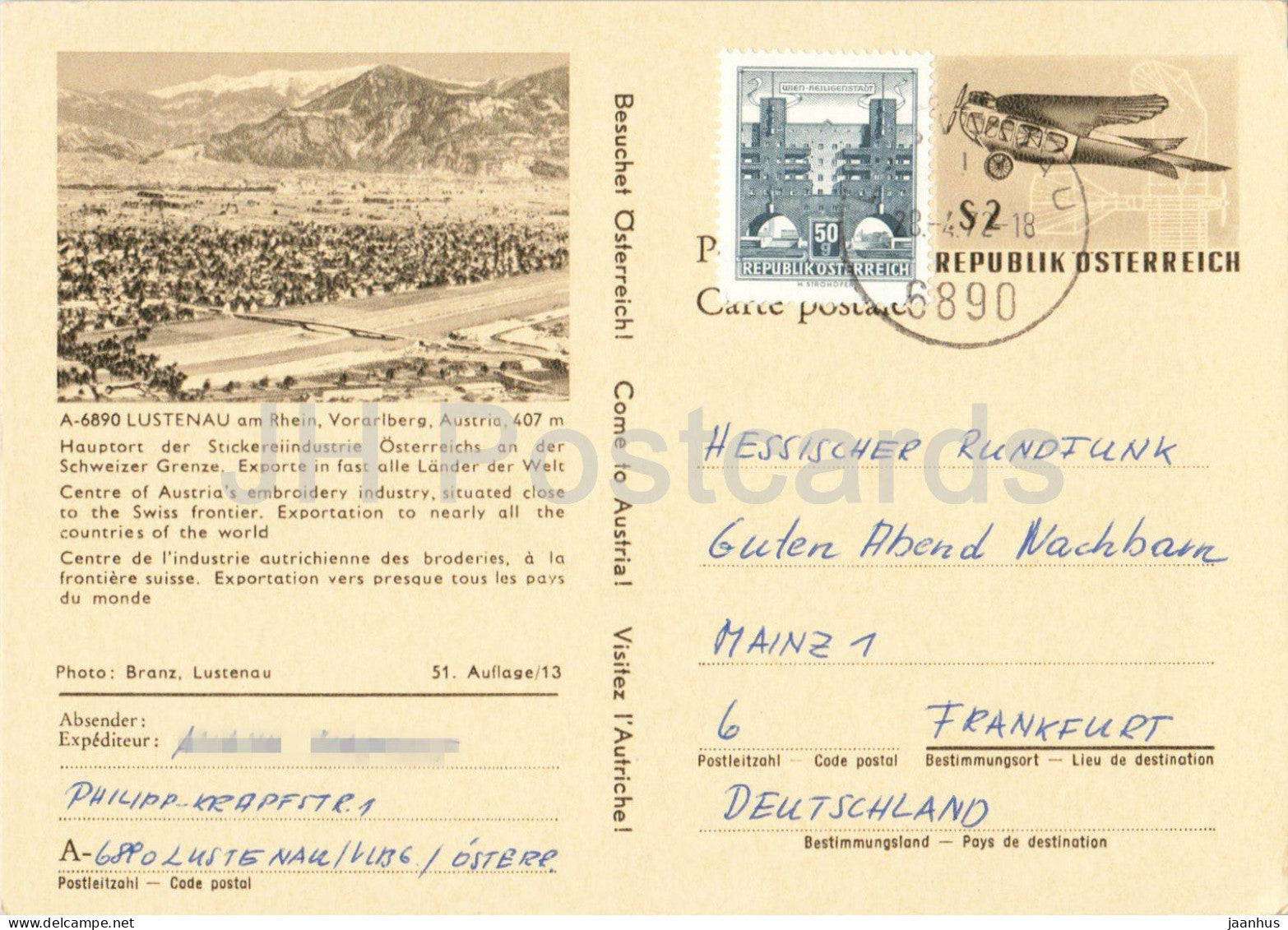 Lustenau am Rhein - Vorarlberg - Hessischer Rundfunk - town view - valley - postal stationery - 1972 - Austria - used - JH Postcards