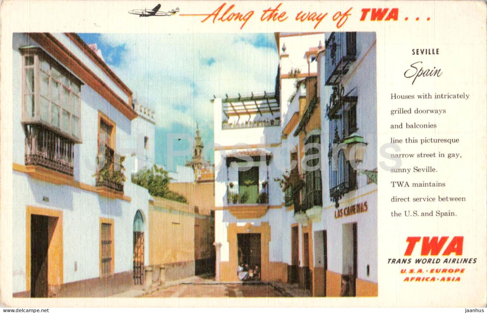 Seville - Sevilla - Spain Houses - TWA Trans World Airlines - old postcard - 1957 - Spain - used - JH Postcards
