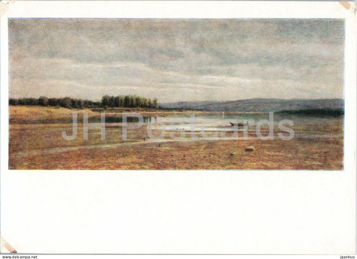 painting by Mikhail Klodt - The Volga near the Zhiguli Hills - boat - old postcard - 1957 - Russia USSR - unused - JH Postcards
