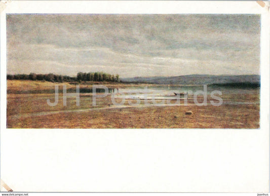 painting by Mikhail Klodt - The Volga near the Zhiguli Hills - boat - old postcard - 1957 - Russia USSR - unused - JH Postcards