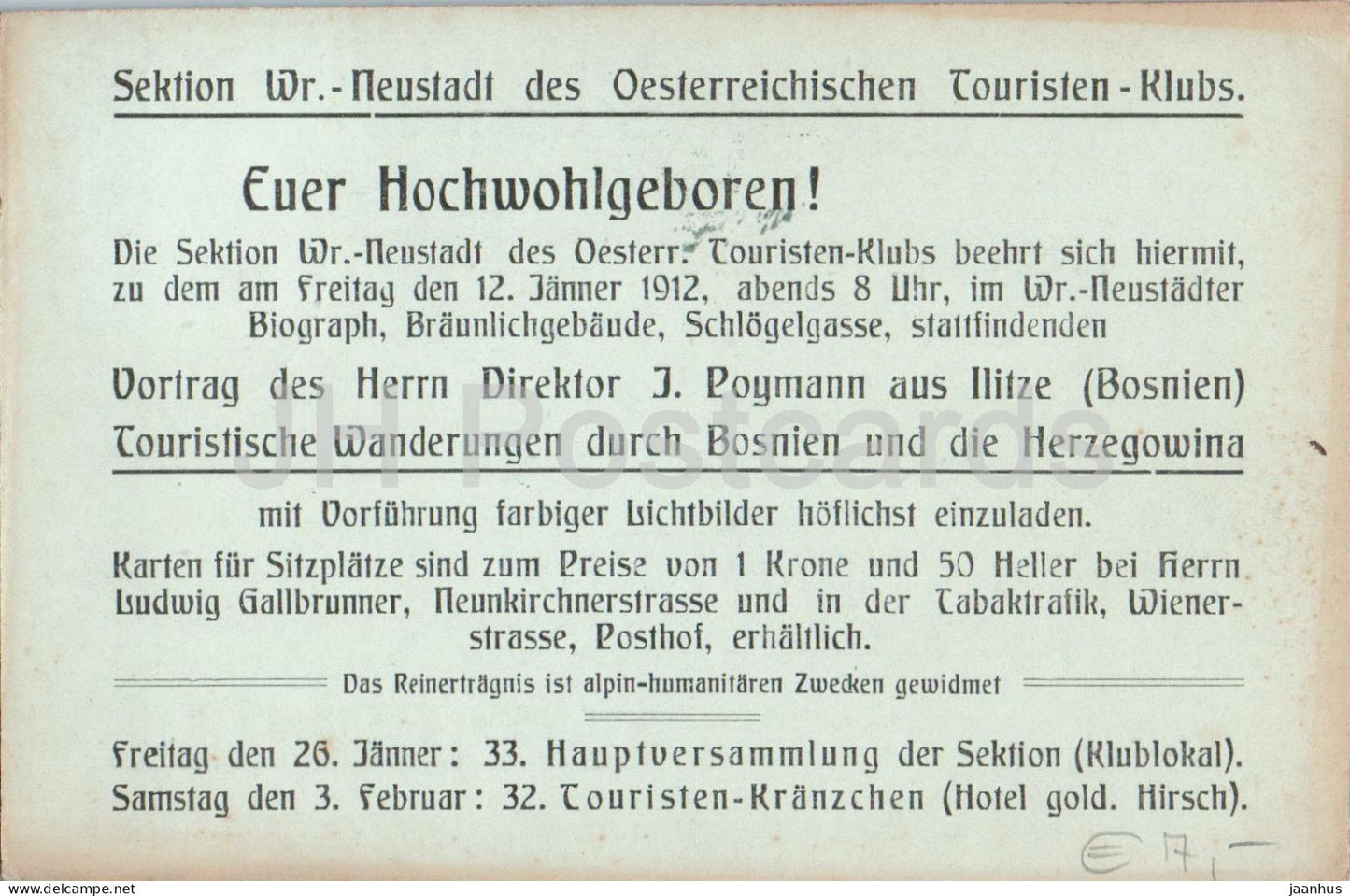 Wiener Neustadt - Einladung des Osterreichischen Touristen Klubs - Drucksache - old postcard - 1912 - Austria - used - JH Postcards