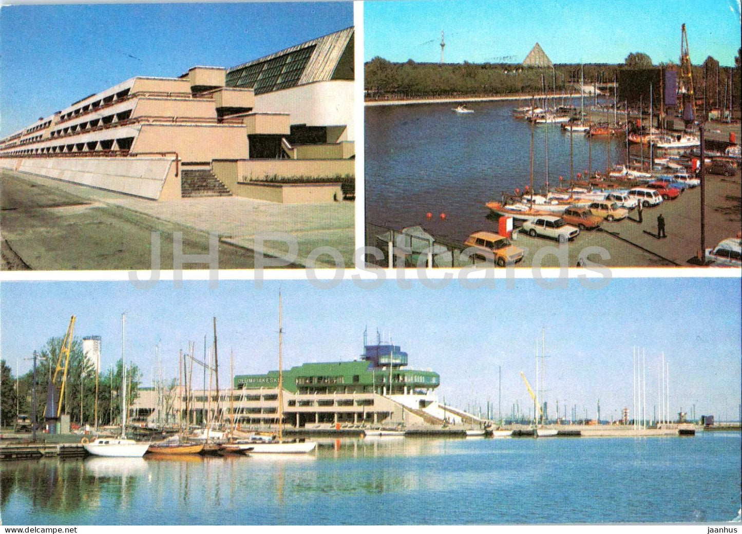 Tallinn - Olympic sailing centre - marina architecture - car - boat - postal stationery - 1984 - Estonia - USSR - used - JH Postcards