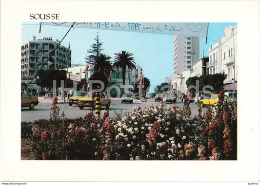 Sousse - Perle du Sahel - Pearl of Sahel - street - flowers - city view - car - 247 - 1980s - Tunisia - unused - JH Postcards