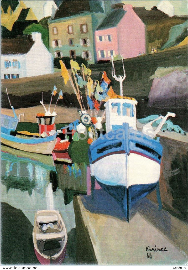 gouache by Kerinec - Careening - boat - ship - French art - France - unused - JH Postcards