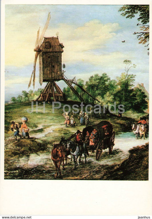 painting by Jan Brueghel the Elder - The Flooded Road - Die Uberschwemmte Landstrasse - horse windmill Germany - unused - JH Postcards