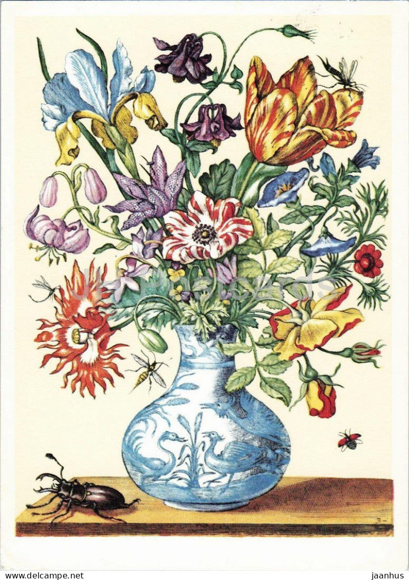 painting by Maria Sibylla Merian - Garden Flower Bouquet with Stag Beetle - flowers - German art - 1962 - Germany - used - JH Postcards