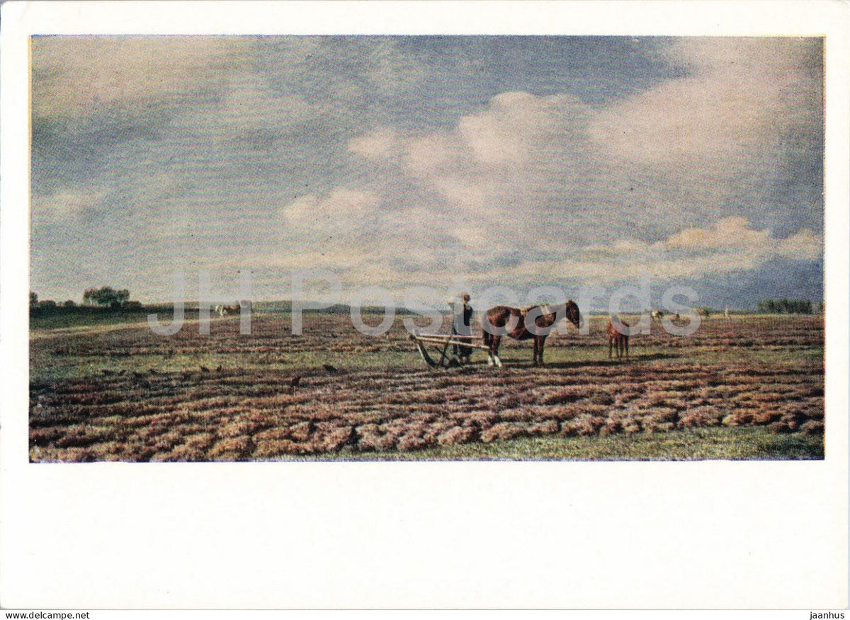 painting by Mikhail Klodt - On the Ploughed Field - horse - Russian art - 1962 - Russia USSR - unused - JH Postcards