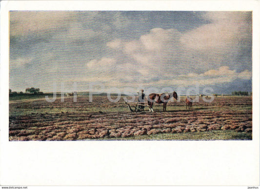 painting by Mikhail Klodt - On the Ploughed Field - horse - Russian art - 1962 - Russia USSR - unused - JH Postcards