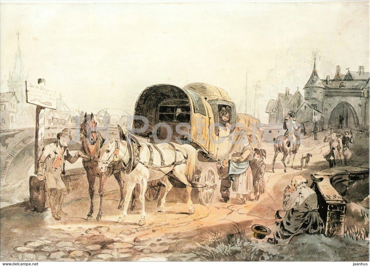 watercolor by August Schelver - Bavarian Mail Coach 1830 - Bayerischer Postwagen - horse - 1983 - Germany - unused - JH Postcards