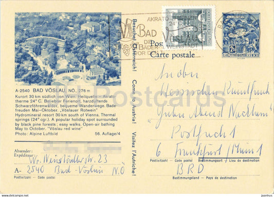 Bad Voslau - Niederosterreich - Hessischer Rundfunk - aerial view - spa resort postal stationery - 1972 - Austria - used - JH Postcards
