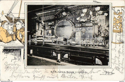 Bar - Selg Palm Garden - Boston Mass - interior - bar - vintage decor - old postcard - 1904 - United States - USA - used - JH Postcards