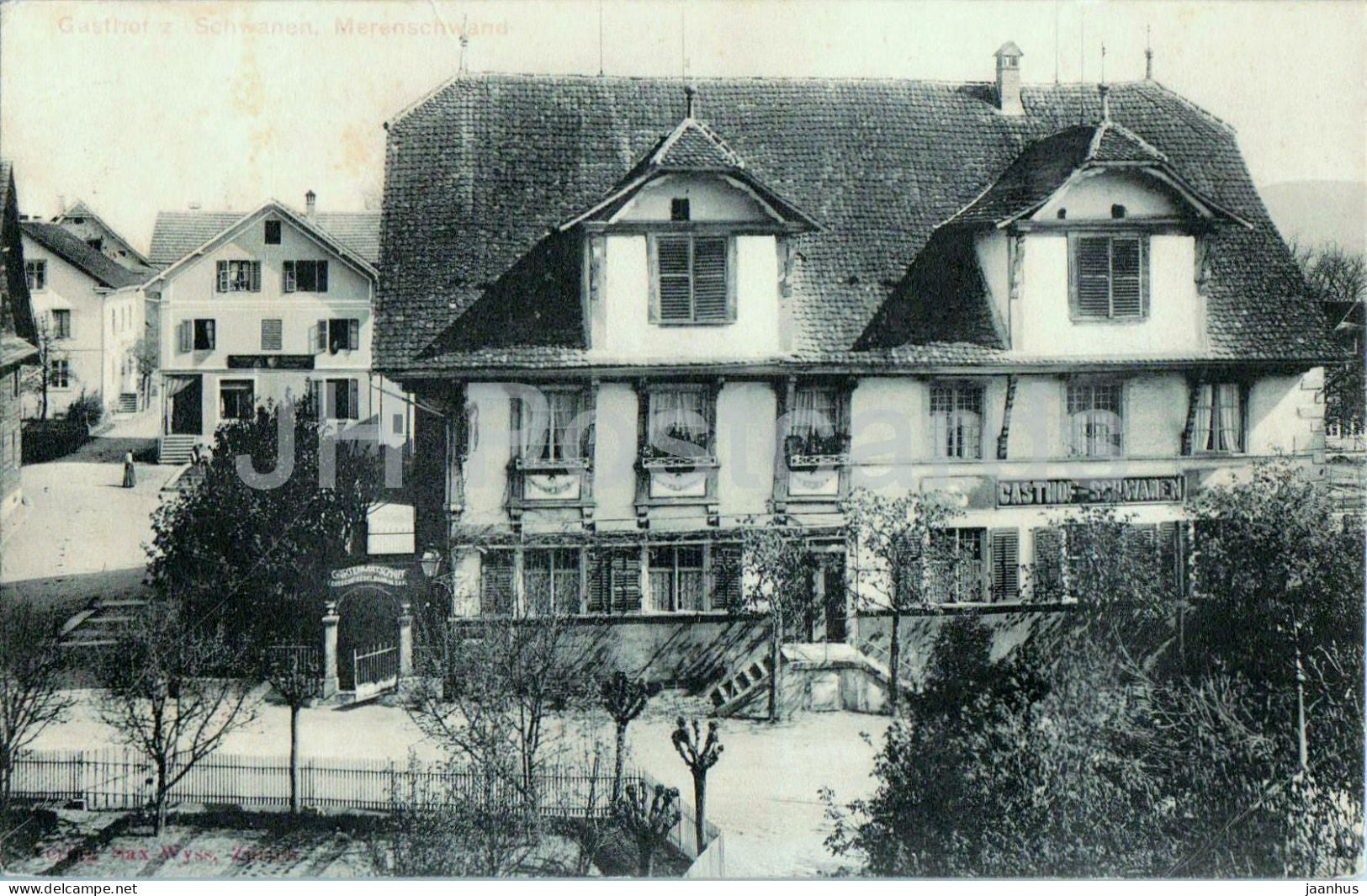 Gasthof z. Schwanen - Merenschwand - village - inn - 285 - old postcard - 1908 - Switzerland - used - JH Postcards