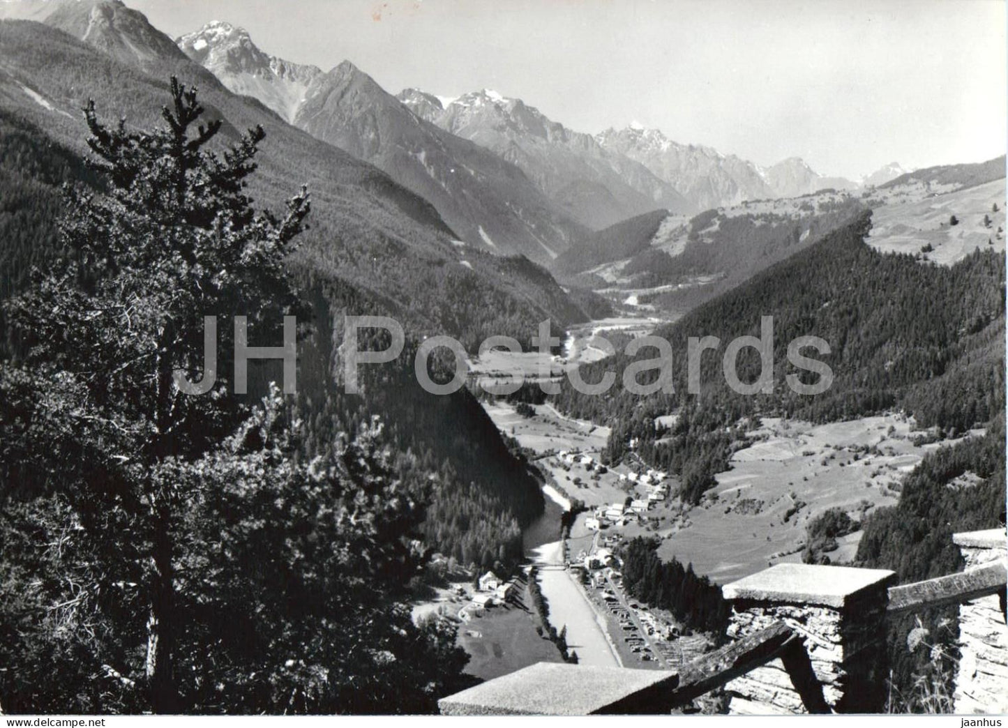 Martina - Unterengadin - alpine valley - river - village - mountains - 671 - old postcard - Switzerland - unused - JH Postcards