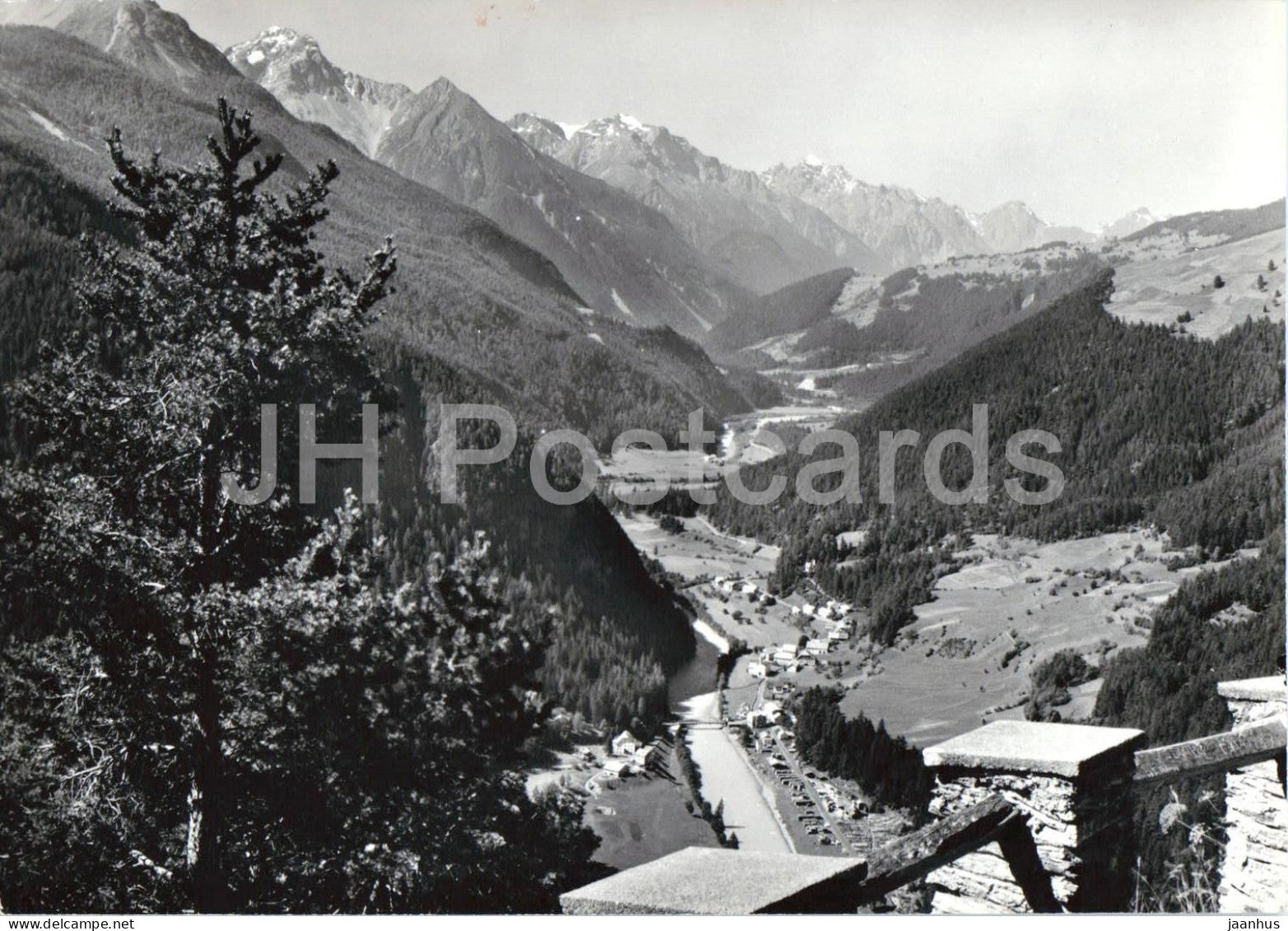 Martina - Unterengadin - alpine valley - river - village - mountains - 671 - old postcard - Switzerland - unused - JH Postcards