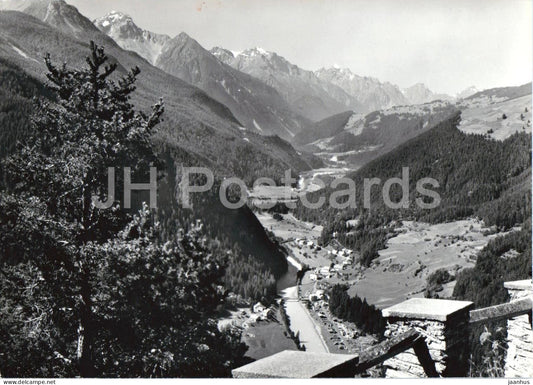 Martina - Unterengadin - alpine valley - river - village - mountains - 671 - old postcard - Switzerland - unused - JH Postcards