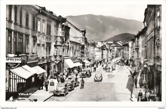 Villach - Hauptplatz - city street - car Volkswagen - shops - Karnten - 1640 - old postcard - Austria - unused - JH Postcards