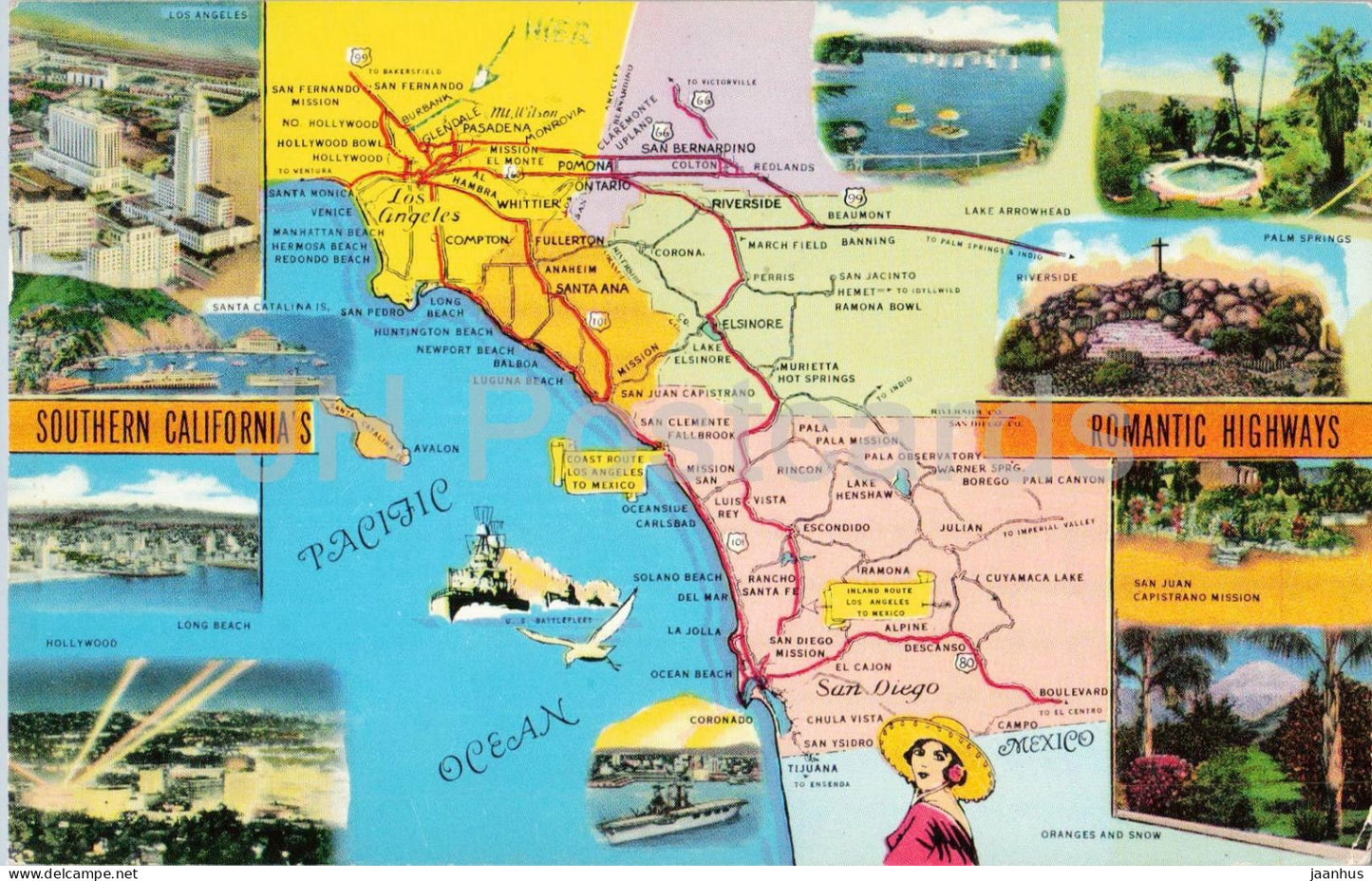Southern California's Romantic Highways - Los Angeles San Diego - missions map - multiview - 1960 - USA - used - JH Postcards