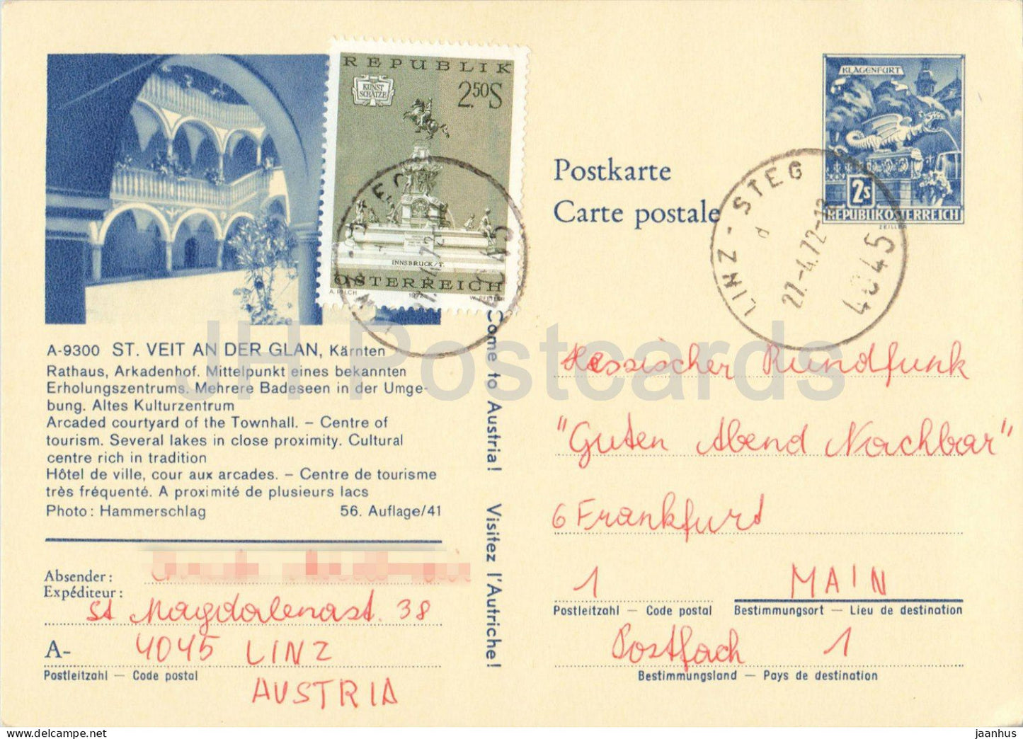 St. Veit an der Glan - Karnten - Hessischer Rundfunk - town hall - postal stationery - 1972 - Austria - used - JH Postcards