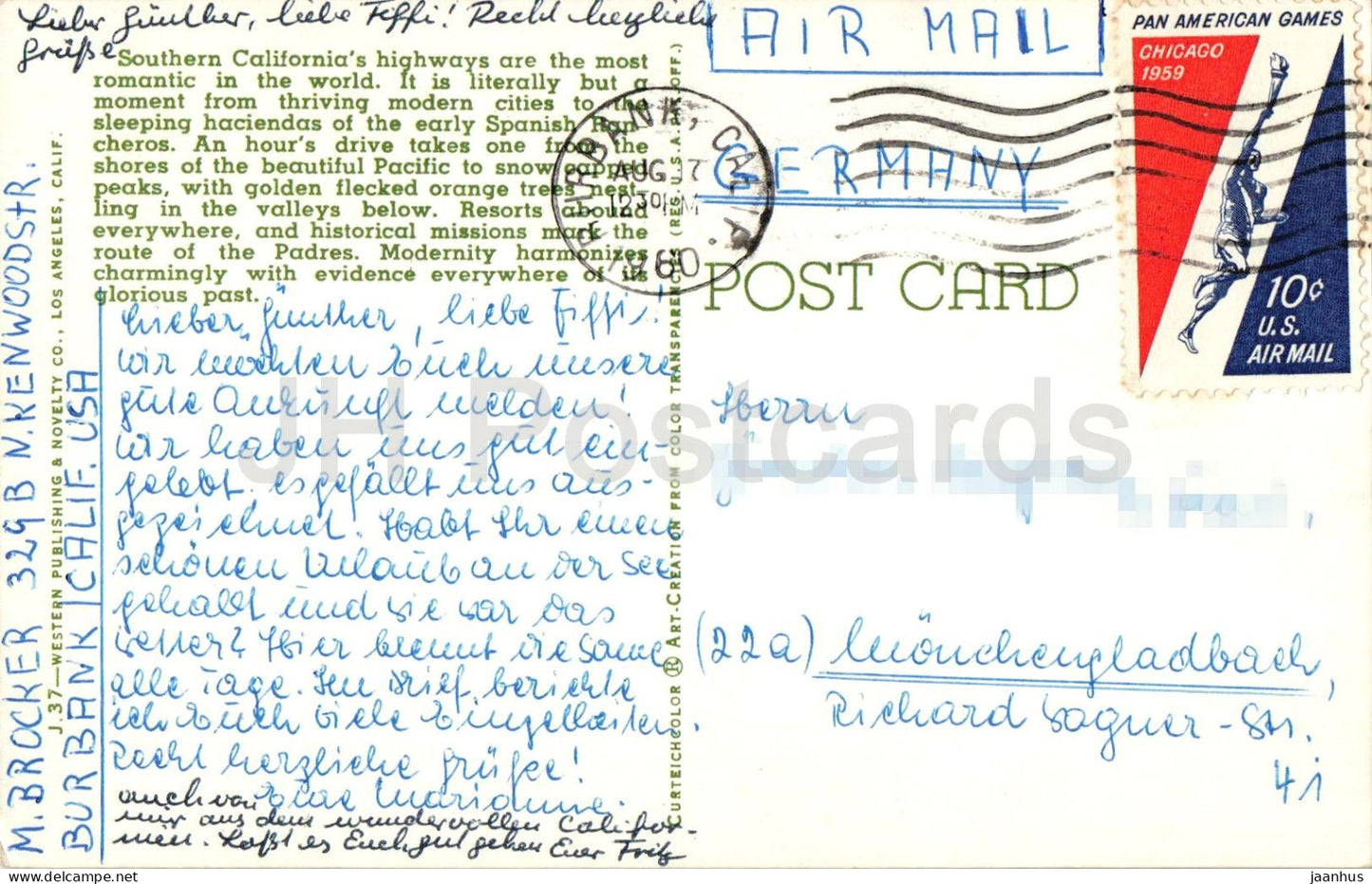 Südkaliforniens romantische Highways – Los Angeles San Diego – Missionskarte – Multiview – 1960 – USA – gebraucht