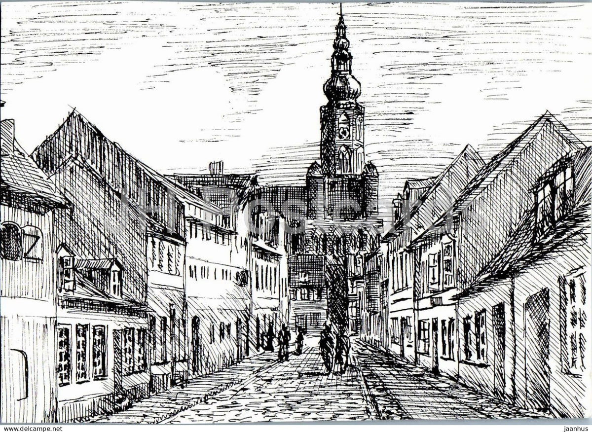 drawing by M. Niebergall - Hunnenstrasse with St. Nikolai Cathedral in Greifswald - German art - Germany - used - JH Postcards