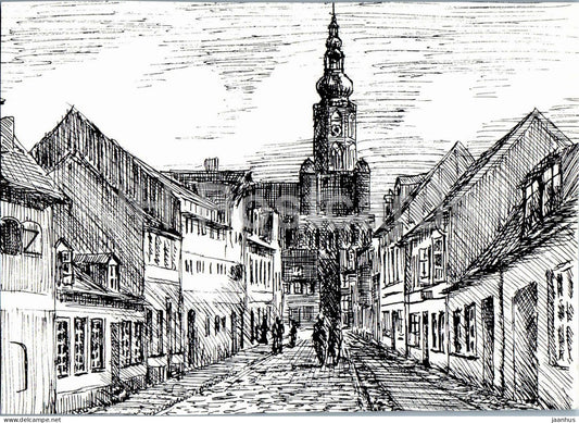 drawing by M. Niebergall - Hunnenstrasse with St. Nikolai Cathedral in Greifswald - German art - Germany - used - JH Postcards
