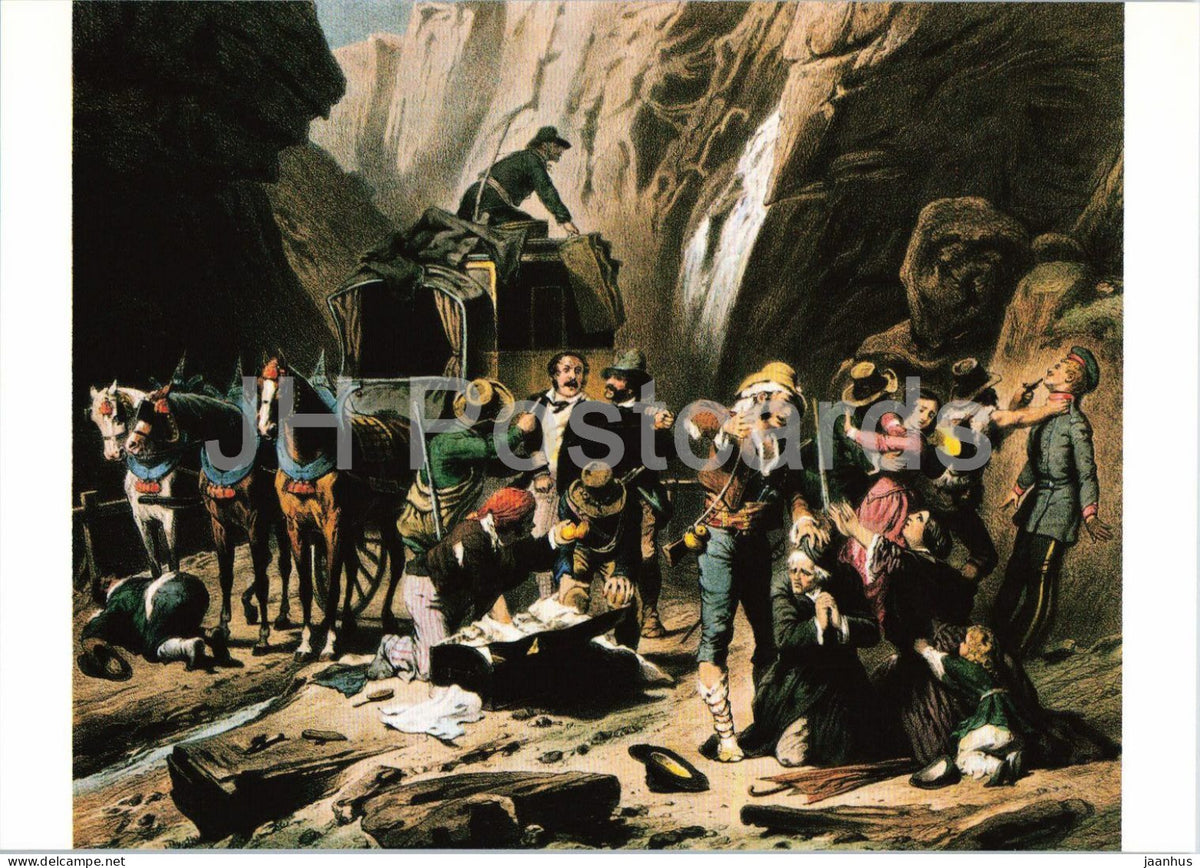 lithograph after E. Guerard - Hold up in the Hollental - Uberfall im Hollental - horse - 1983 - Germany - unused - JH Postcards