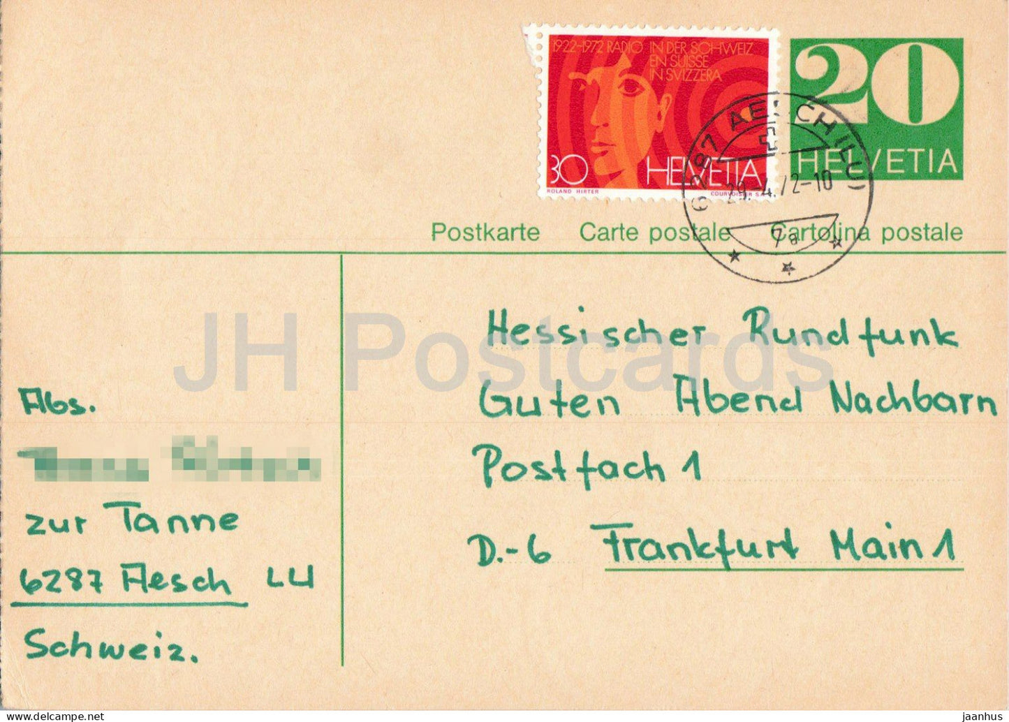 Guten Abend Nachbarn - Hessischer Rundfunk - postal stationery - 117 - 1972 - Switzerland - used - JH Postcards