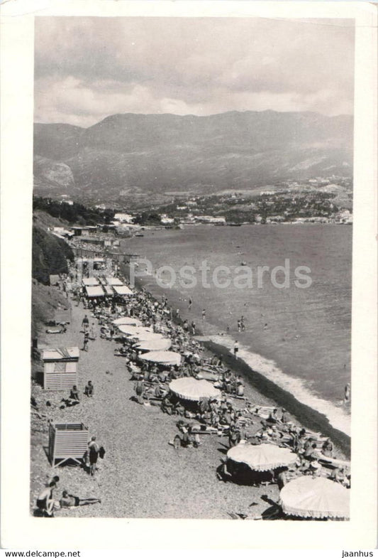 Yalta - Beach - Crimea - seaside beach - umbrellas - swimmers - old postcard - 1959 - Ukraine USSR - used - JH Postcards