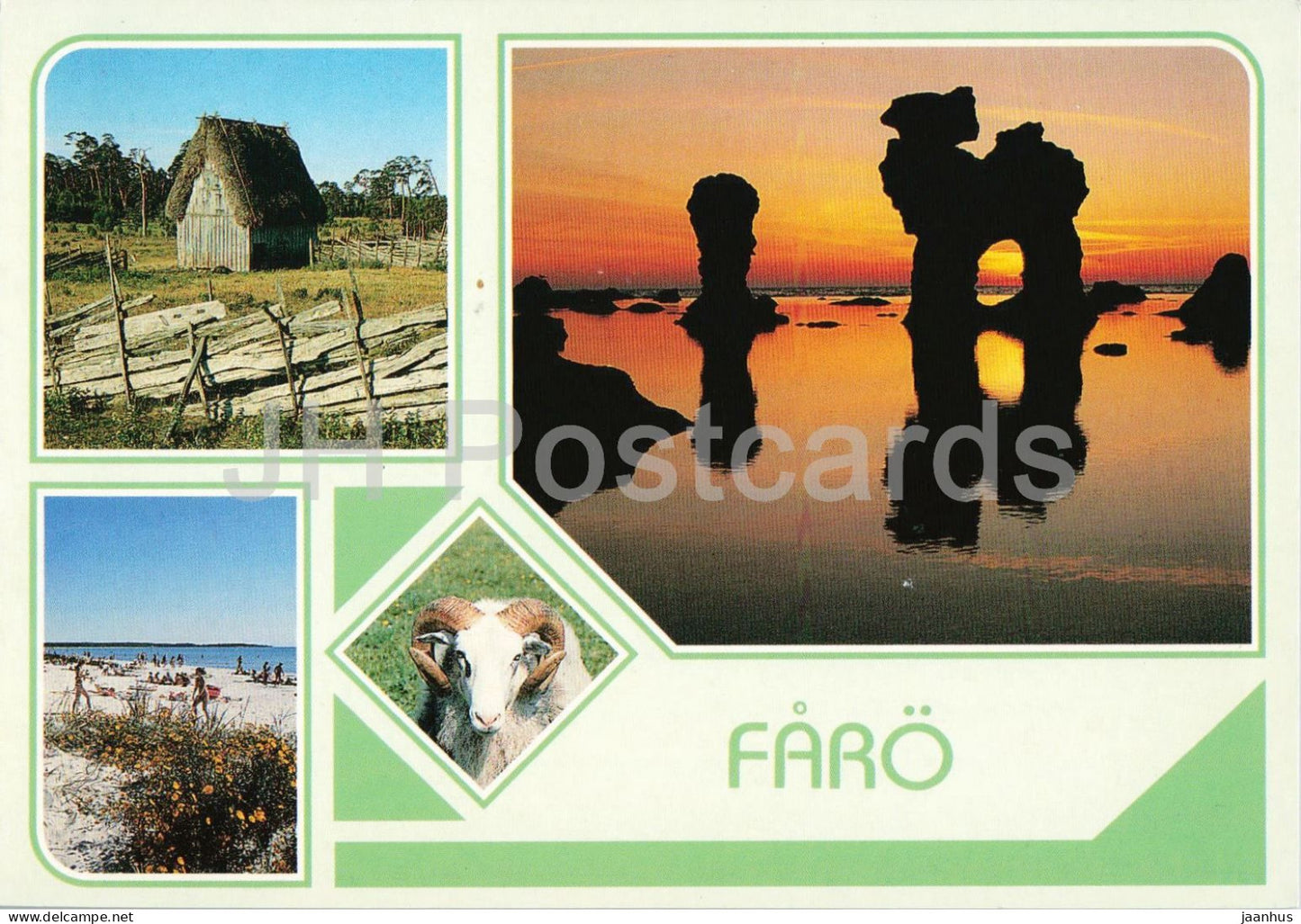 Faro - Gotland - lamb shed sheep sea stacks beach multiview - 8518 - landscape - 1990s - Sweden - unused - JH Postcards