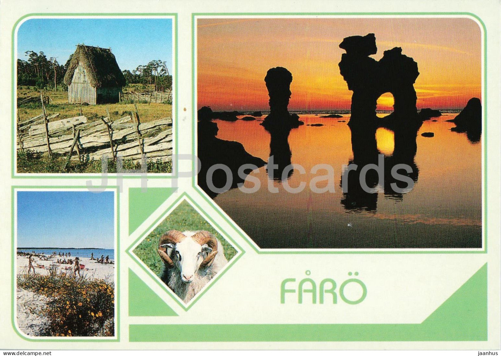 Faro - Gotland - lamb shed sheep sea stacks beach multiview - 8518 - landscape - 1990s - Sweden - unused - JH Postcards