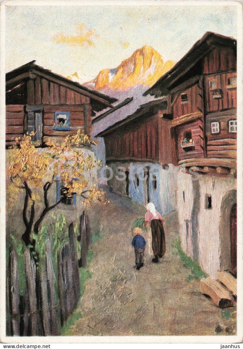 painting by M. Schonermark - The Village Lane - Die Dorfgasse - alpine village - Nr. 5829 old postcard Germany - unused - JH Postcards