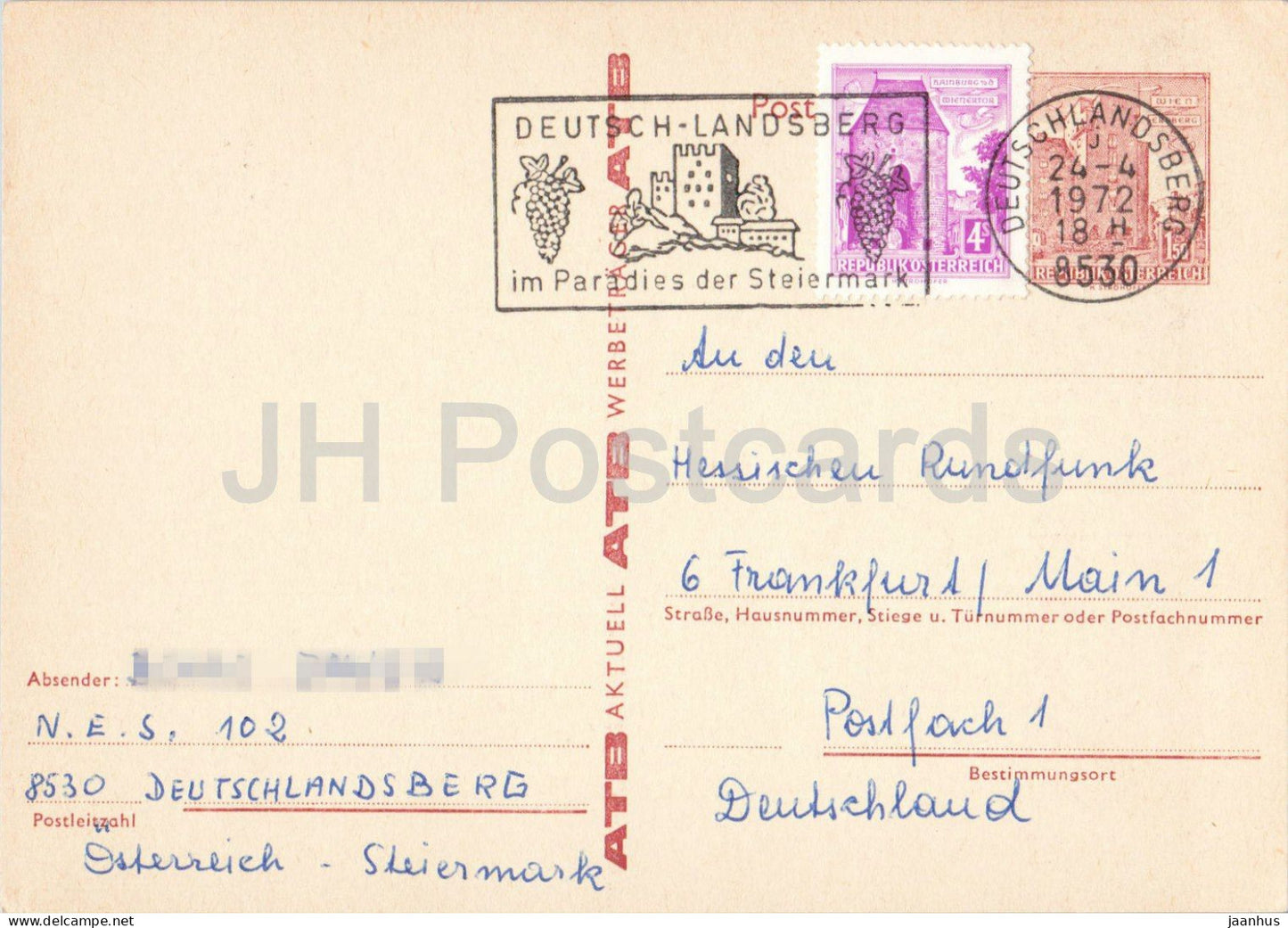 Deutsch Landsberg - ATB Aktuell - Hessischer Rundfunk - Guten abend Nachbarn - postal stationery - 1972 - Austria - used - JH Postcards