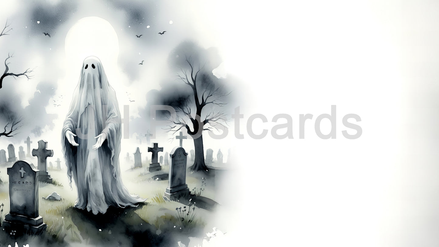 AI-Bild – Ein eindringliches Aquarell, das einen geisterhaften Geist zeigt, der aus einem nebligen Friedhof auftaucht, umgeben von hohen Bäumen und alten Grabsteinen. Zeichnung. Kunst. Illustration. Platz zum Kopieren. 2
