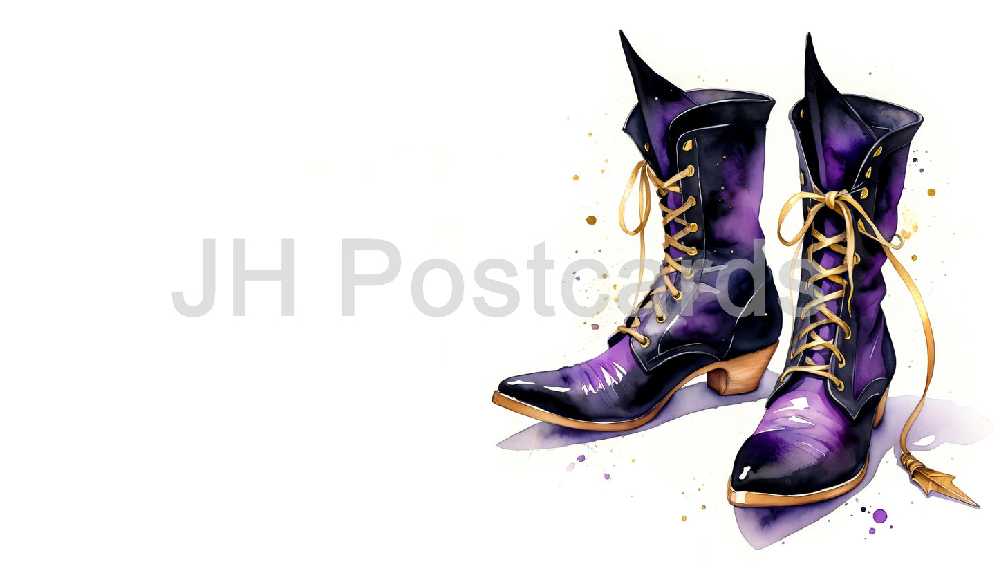 AI-Bild – Verzaubertes Schuhwerk: Ein bezauberndes Aquarell eines Paars Hexenstiefel. Halloween. Zeichnung. Kunst. Illustration. Platz zum Kopieren. 2