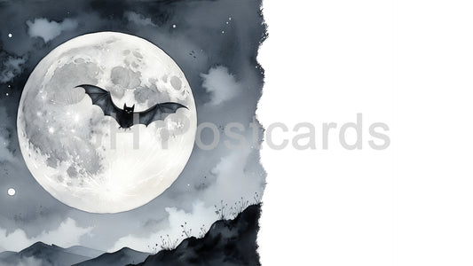 Image AI - Ombres célestes dans l'obscurité : une image spectaculaire d'une chauve-souris planant dans un ciel étoilé, sa silhouette se détachant sur la pâle lueur d'une pleine lune. Halloween. Dessin. Art. Illustration. Espace de copie. 1