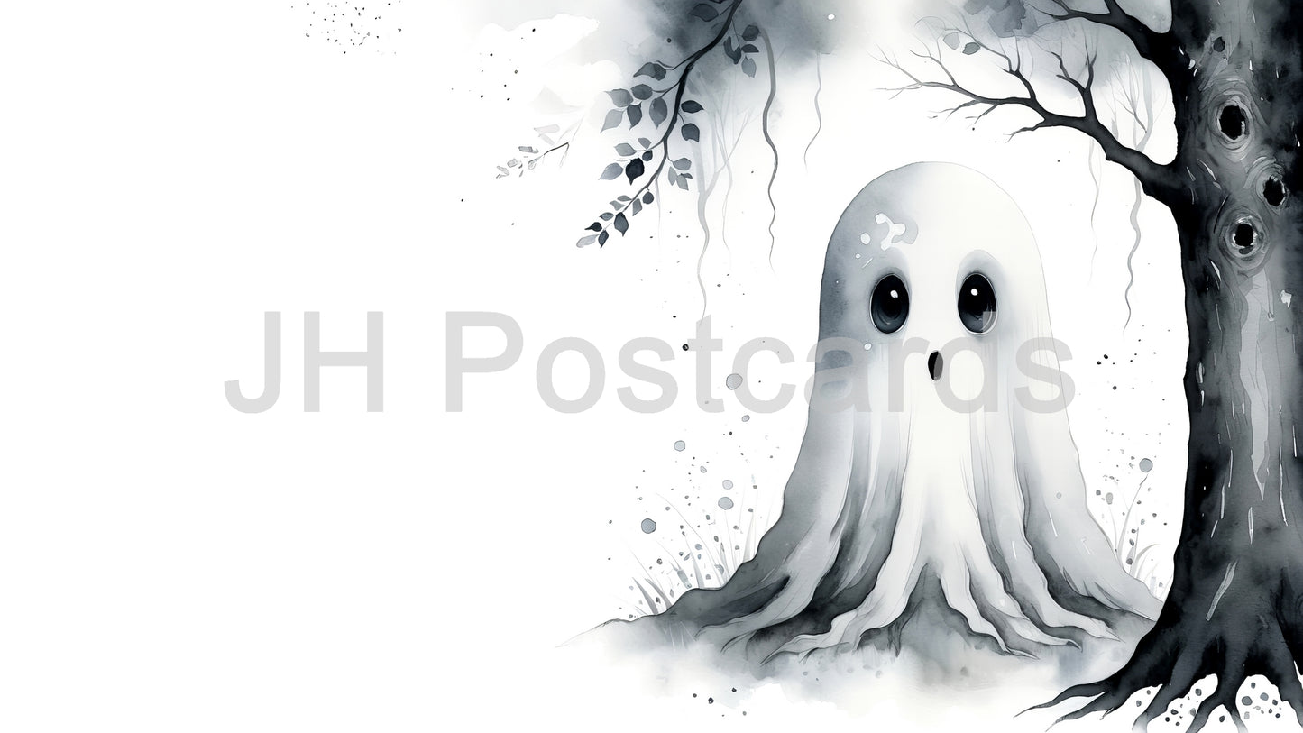 AI-Bild – Spukender Waldgeist: Eine eindringliche Aquarellillustration einer geisterhaften Gestalt, die sich hinter einem Baum versteckt und ein Gefühl von Geheimnis und Angst erzeugt. Halloween. Zeichnung. Kunst. Illustration. Platz zum Kopieren. 1