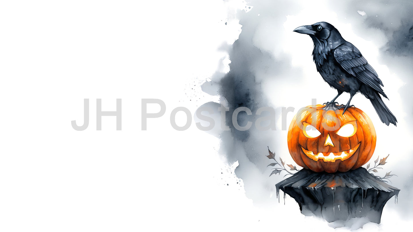 AI-Bild – Halloween-Rabe und Kürbis: Ein gruseliges Aquarellbild eines Raben, der auf einer Kürbislaterne thront. Zeichnung. Kunst. Illustration. Platz zum Kopieren. 2