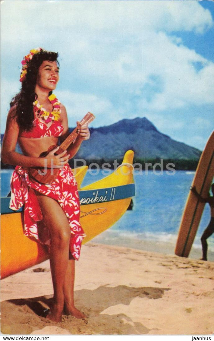 Hula Maid at Waikiki - canoe - ukulele - musical instrument - USA - unused - JH Postcards