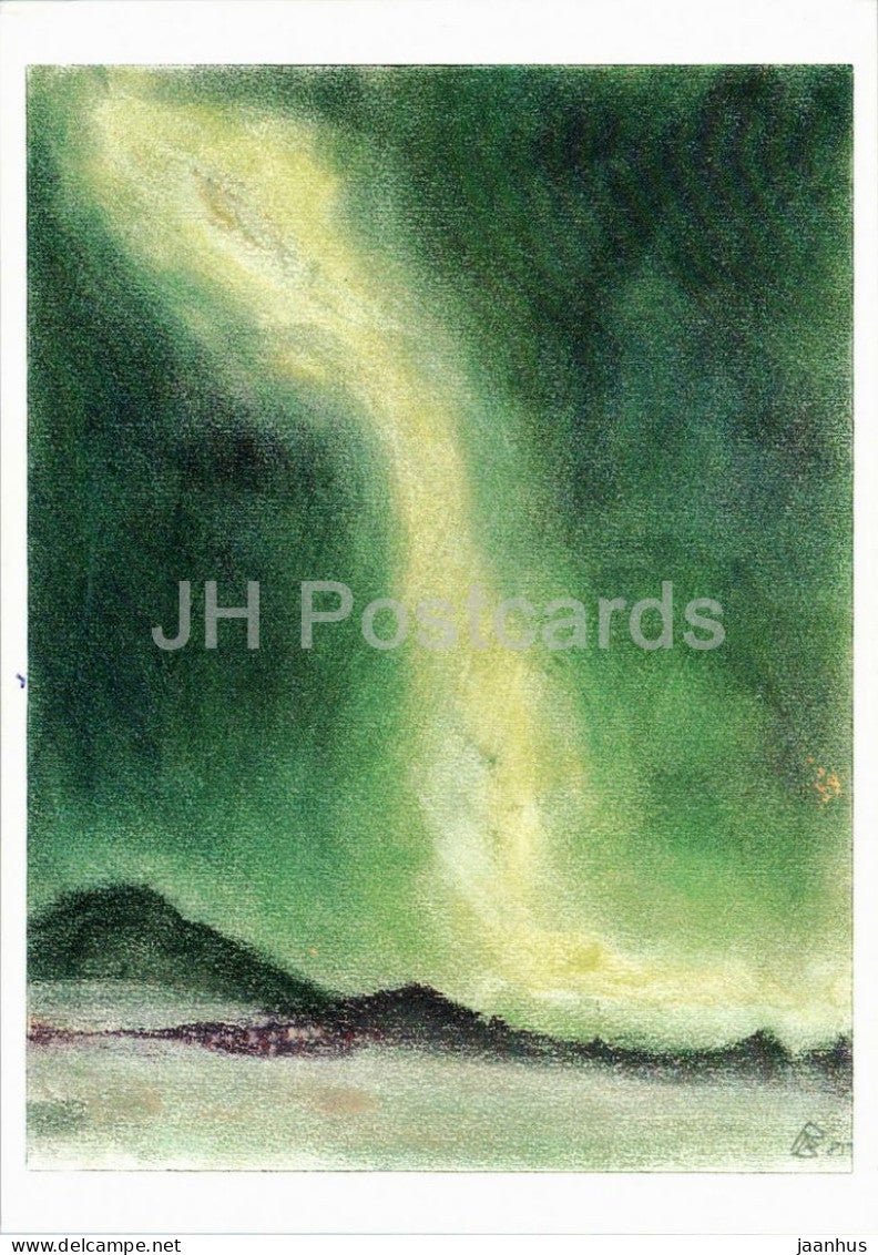 painting by Rudolf Braunburg - Northern Lights Mountains - landscape - German art - 1986 - Germany - used - JH Postcards