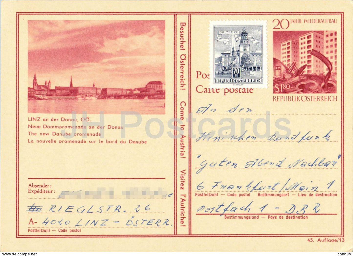 Linz an der Donau - Neue Dammpromenade - Hessischer Rundfunk - town view - postal stationery - 1970s - Austria - used - JH Postcards