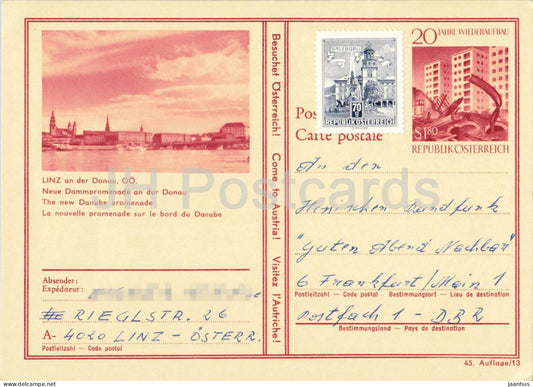 Linz an der Donau - Neue Dammpromenade - Hessischer Rundfunk - town view - postal stationery - 1970s - Austria - used - JH Postcards
