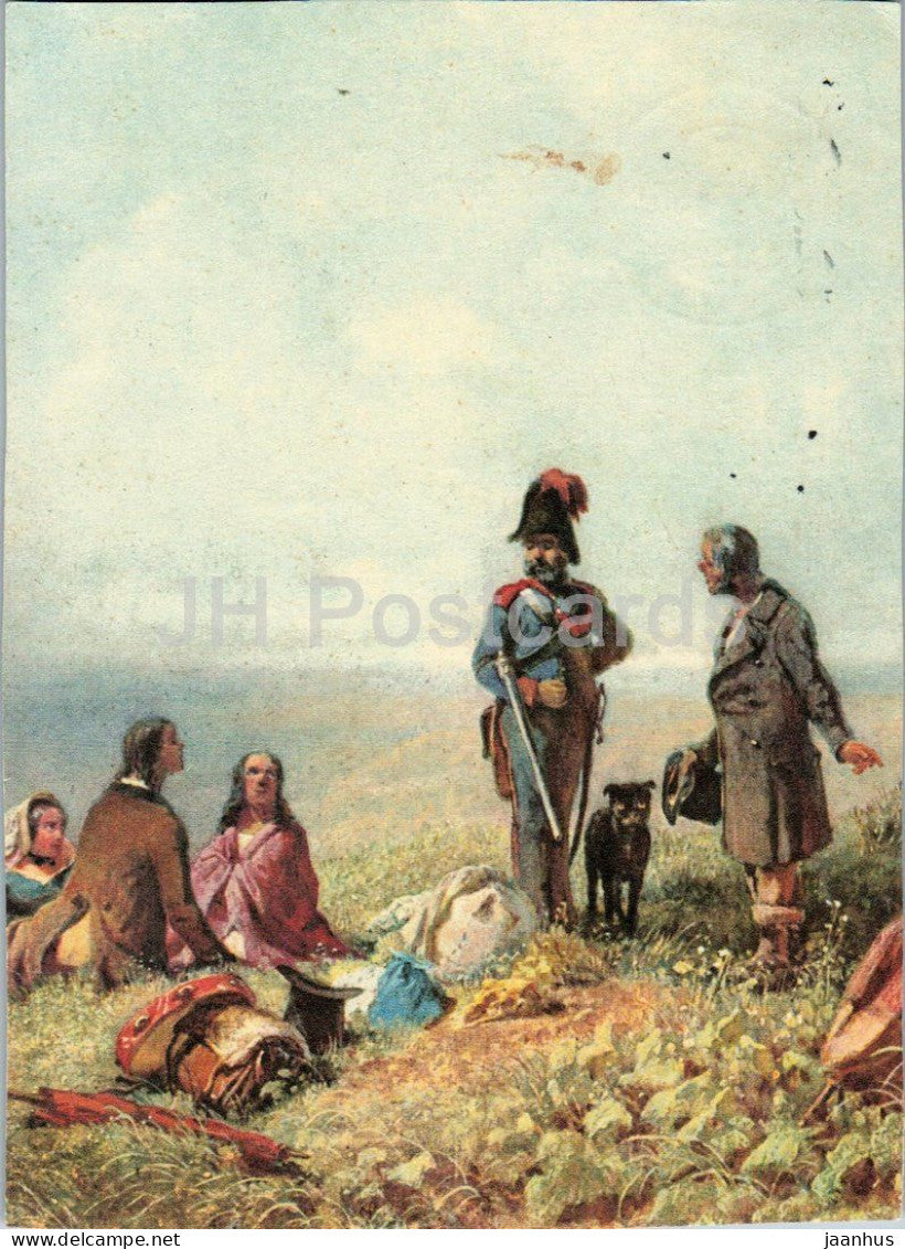 painting by Carl Spitzweg - Where is the Passport - Wo ist der Pass - dog - military - 1960s - Germany - used - JH Postcards