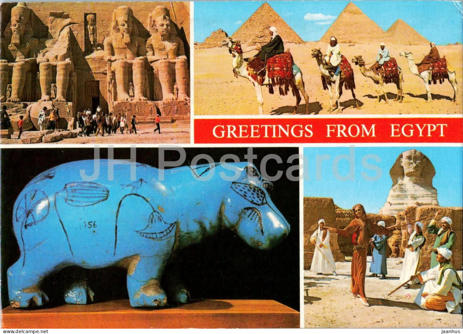 Greetings from Egypt - Abu Simbel - Giza Pyramids - Sphinx - hippo - dancer - camel - animals - Egypt - used - JH Postcards